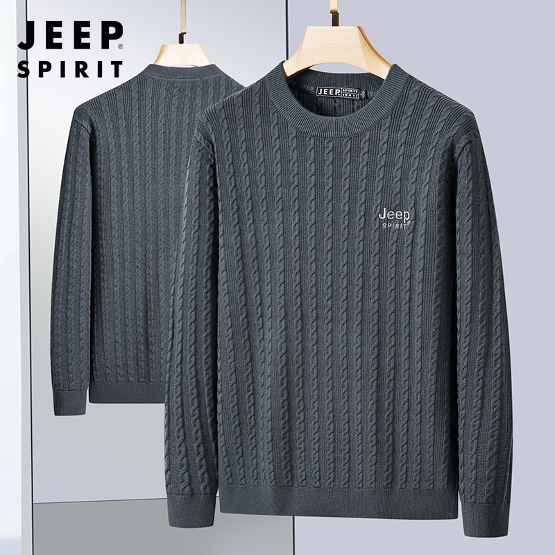 JEEP SPIRIT高级罗纹圆领毛衣吉普男士冬季新款加厚保暖针织衫扭花上衣 高级灰 XL
