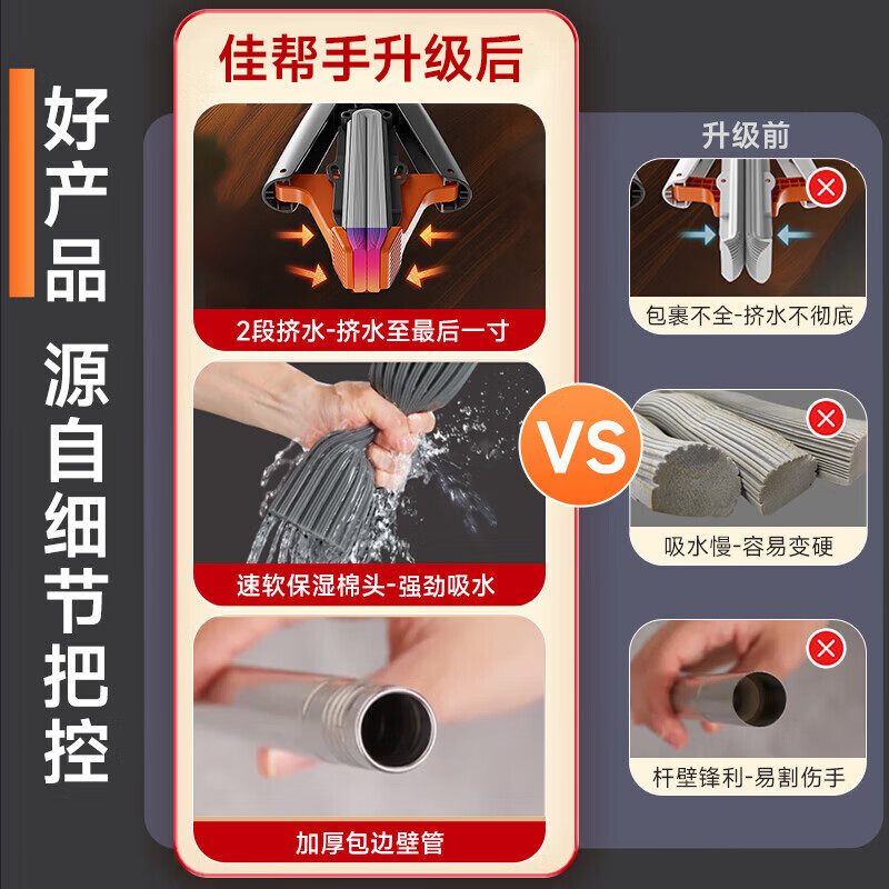佳帮手JBS-JMTB-J33T1-GOG2P33T1二次挤水胶棉拖把-灰橙2只头高清大图
