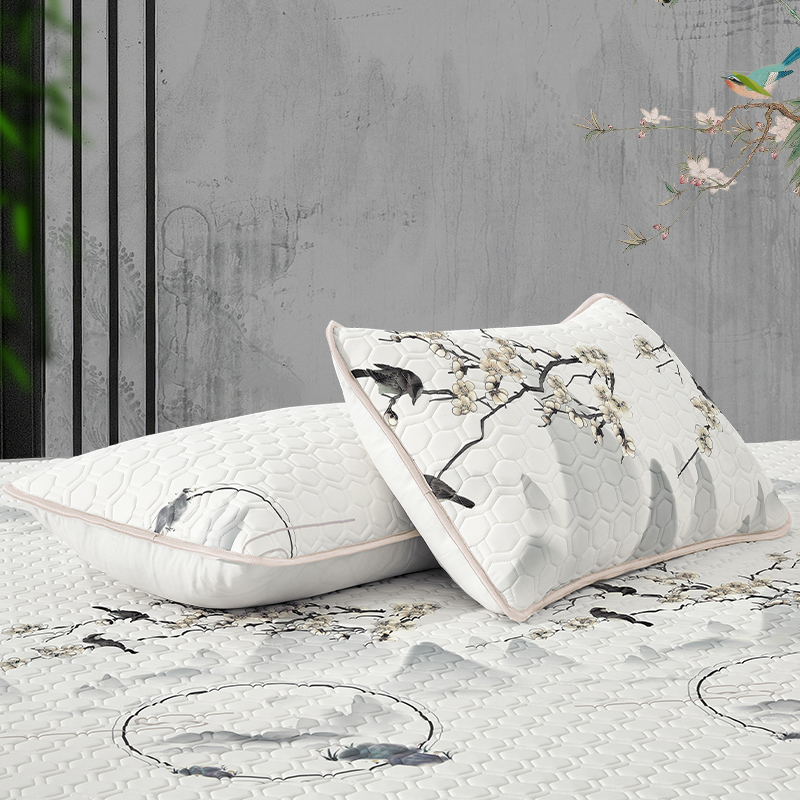 梦洁家纺 乳胶片绗绣对枕:喜上梅梢高清大图