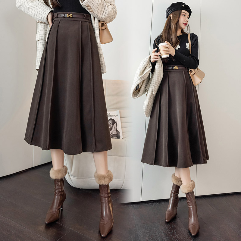 毛呢中长款半身裙女春季日韩新款遮胯呢子高腰大摆a字裙