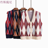 开衫毛衣背心春季女装韩版V领单排扣菱形格子无袖针织衫马甲黑色均码