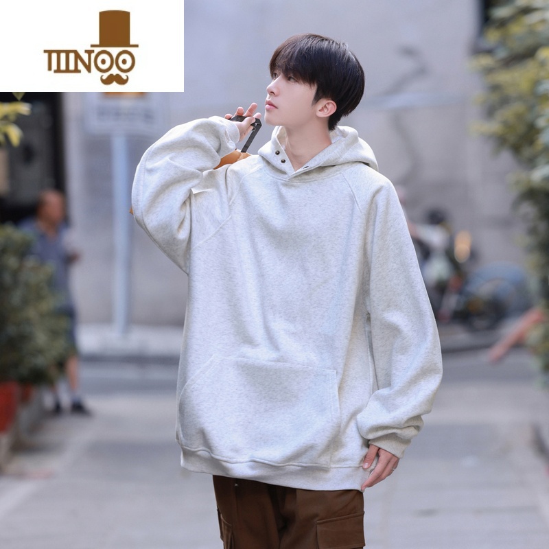 YANXU美式连帽卫衣男新款高克纯色套头上衣青少年情侣宽松款套高清大图