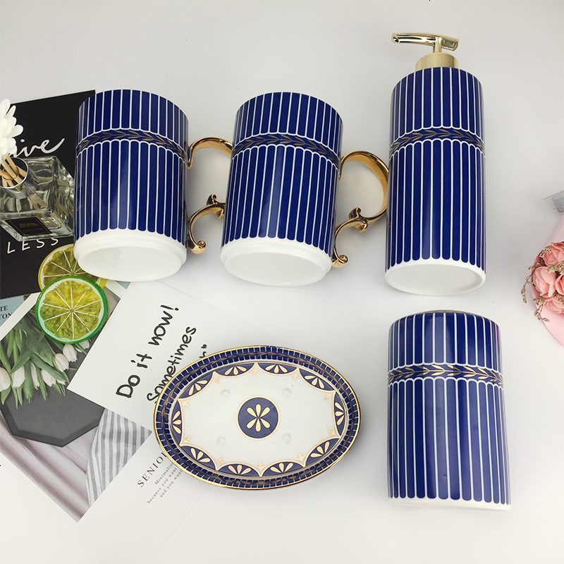 创意卫浴五件套欧式骨瓷洗漱套件浴室用品卫生间漱口杯牙具套装