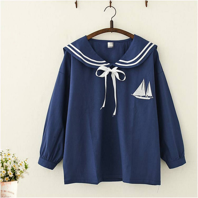 si学院风秋装海军领帆船刺绣长袖t恤女学生软妹宽松日系水手服上衣