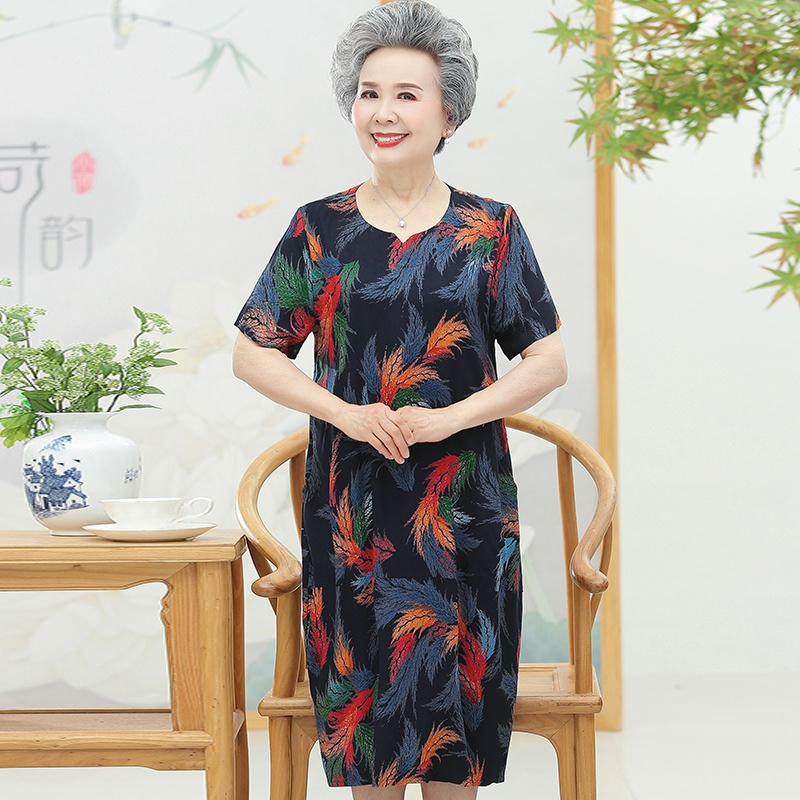 1号藏青 XL 中老年人连衣裙女奶奶夏装棉绸裙子中长款夏季妈妈大码宽松直筒裙