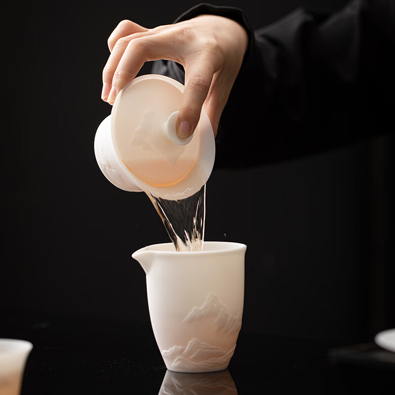 苏氏陶瓷/SUSHI CERAMICS JA08 冰种玉瓷薄胎泡茶碗浮雕“江山”三才盖碗150ml礼盒装高清大图