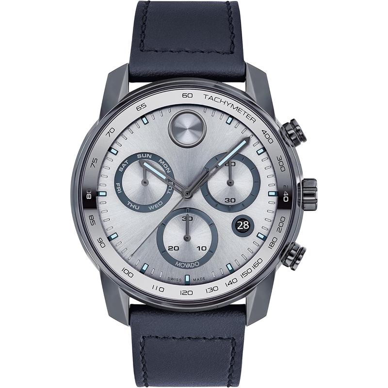 Movado男士石英计时瑞士豪华商务防水皮带灰盘蓝带手表高清大图