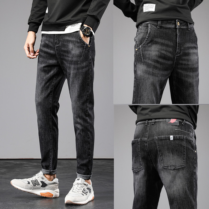 yuansu秋季萝卜裤男士宽松牛仔裤男直筒哈伦裤港风潮牌弹力修身休闲