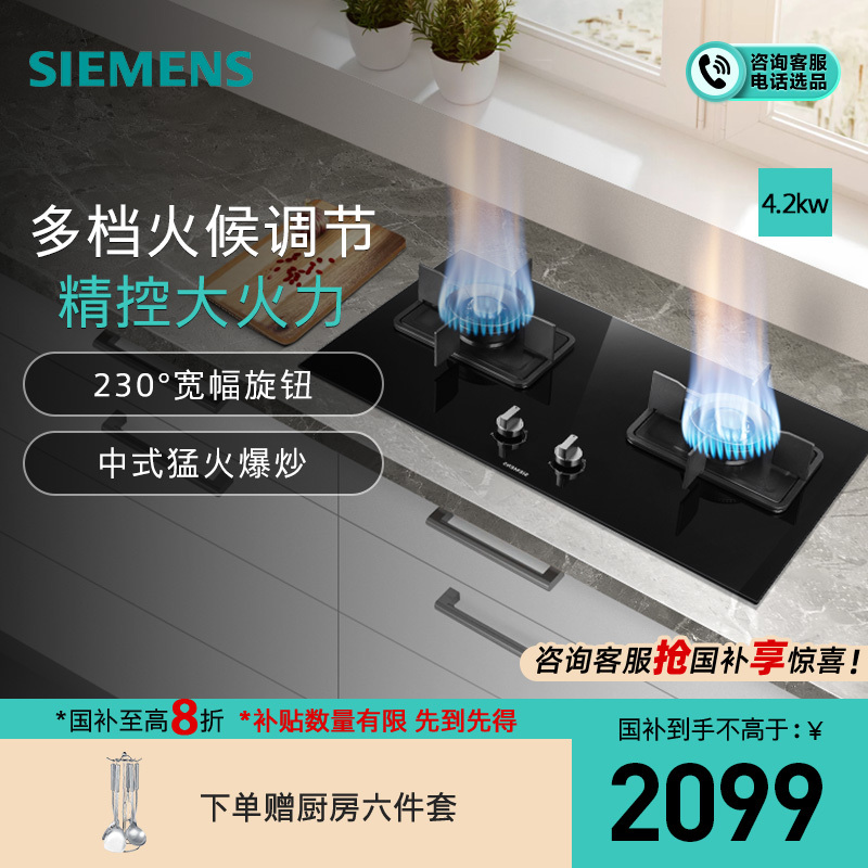 西门子 4.2kw 燃气灶 嵌入式天然气灶具 台式双灶 玻璃面板 一级能效 ER8MF233MP