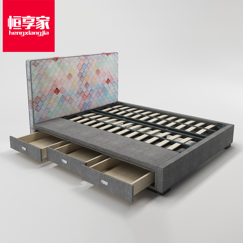 恒享家 浅菱格款定制手绘ins网红床 简约现代 实木布艺双人床 BC1112