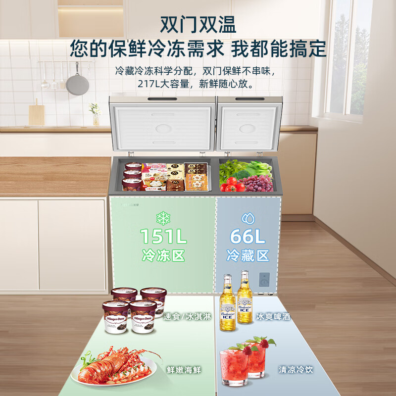 美菱(MELNG)两门双温冰柜217升卧式家用商用冷藏冷冻超薄小型冷柜一级能效顶开双开保鲜大容量补贴电冰柜217DTXP高清大图