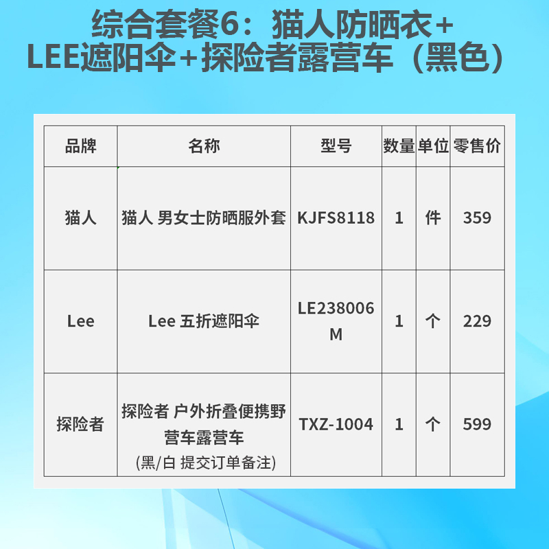 综合套餐6:猫人防晒衣+Lee遮阳伞+探险者露营车(黑色/白色 提交订单备注)高清大图