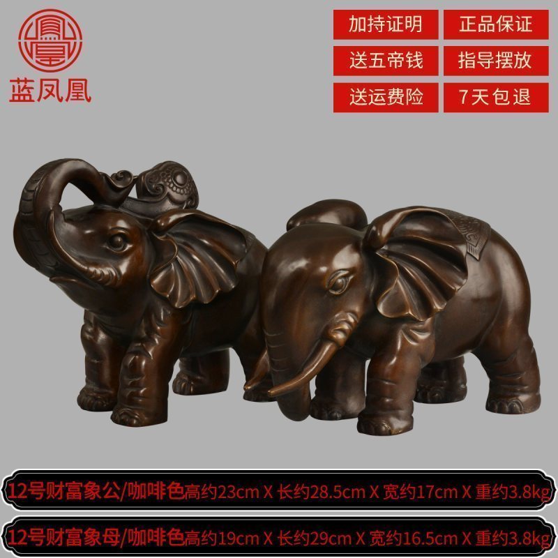 纯铜大象摆件风水象一对吸水象客厅装饰品镇宅旺事业大号 12号财富象咖色一对_402