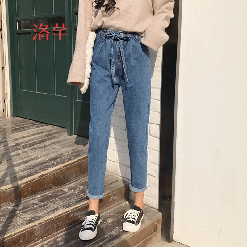 洛芊春季2018新款韩版显瘦松紧腰牛仔裤女学生百搭宽松系带小脚九分裤