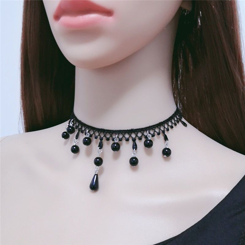 一件气质项链女CHOKER个性项坠锁骨链项圈水晶流苏链遮疤宽链 黑008