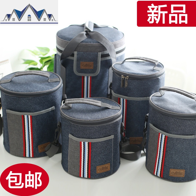 牛津布装保温桶袋子手提圆形带饭的包饭盒袋提拎饭盒包包便当盒袋 三维工匠收纳袋高清大图