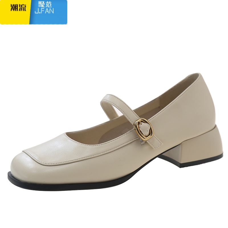 聚范法式浅口单鞋女2024夏季新款粗跟方头配裙子高跟鞋一字带玛丽珍鞋 米色 38脚胖拍大一码