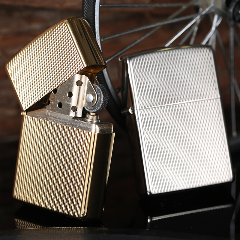 美国zippo打火机芝宝纯铜镀金双面菱格纹男士商务限量金色小波浪