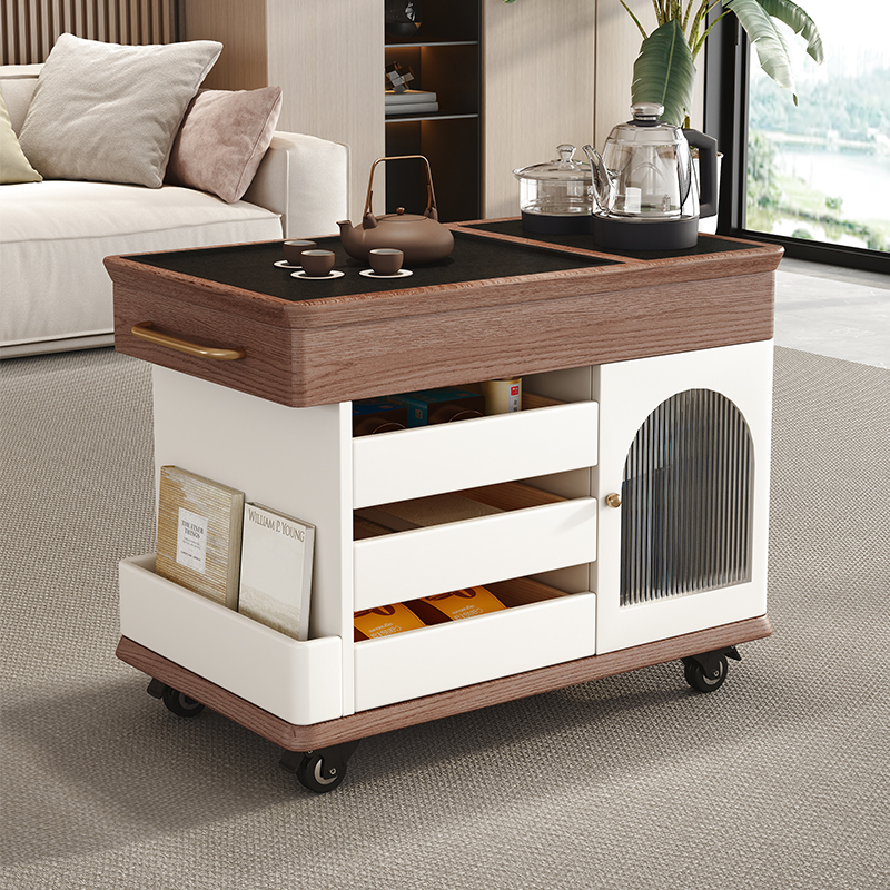 青木川 简约现代轻奢实木沙发边几侧边柜客厅阳台可移动家用小户型小茶台带烧水壶一体茶吧机角几长方形茶几泡茶桌