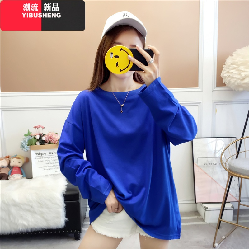 yibusheng春秋超火cec棉长袖t恤女宽松大码显瘦圆领遮肚上衣色打底衫