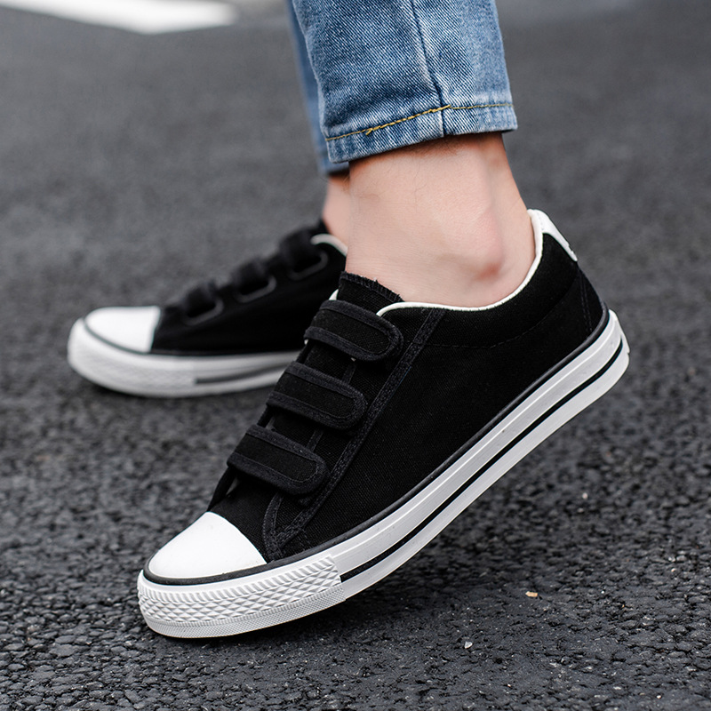 苏芈魔术贴春夏帆布鞋男士黑色低帮懒人鞋学生休闲韩版潮流平底鞋子男