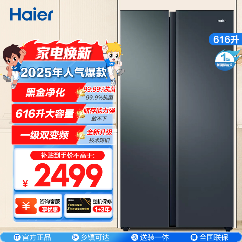 海尔(Haier)616升大对开门冰箱 一级变频 风冷无霜 黑金净化杀菌大容量冰箱BCD-616WGHSSEDC9