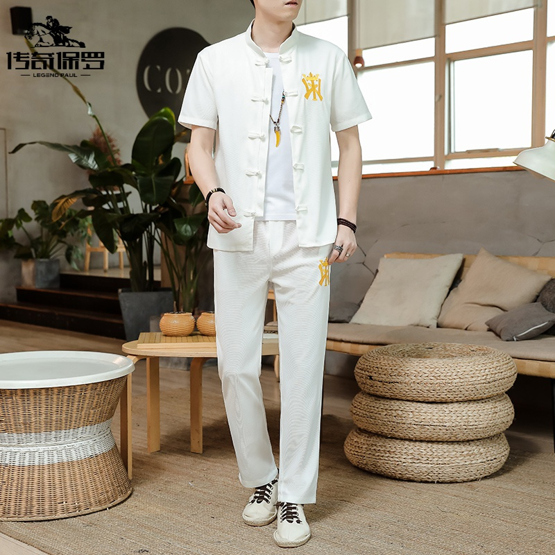 传奇保罗(CHUANQIBAOLUO)中国风男士套装衣服短袖唐装汉服夏季休闲刺绣两件套T恤-