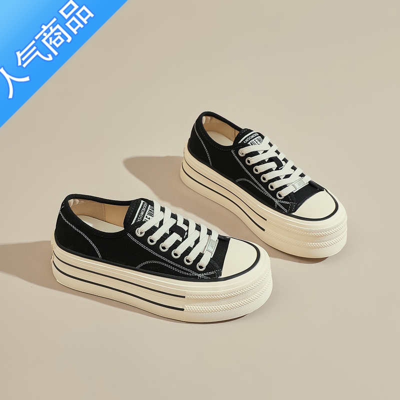 SUNTEK帆布鞋女2023夏季新款透气女鞋松糕厚底增高黑色圆头百搭休闲板鞋高清大图