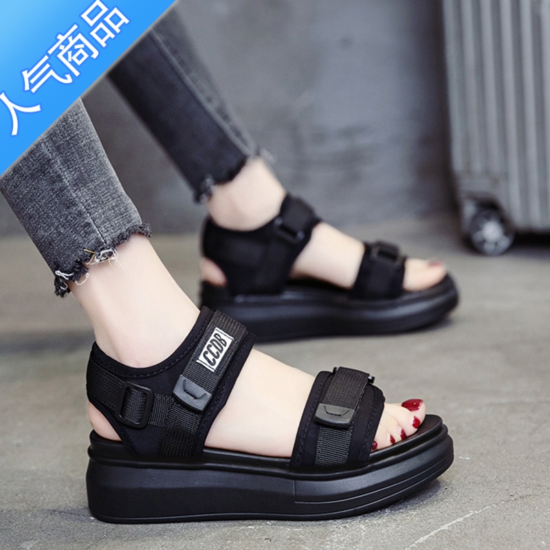 SUNTEK老爹运动凉鞋女夏2023年新款松糕厚底坡跟平底学生休闲度假沙滩鞋高清大图