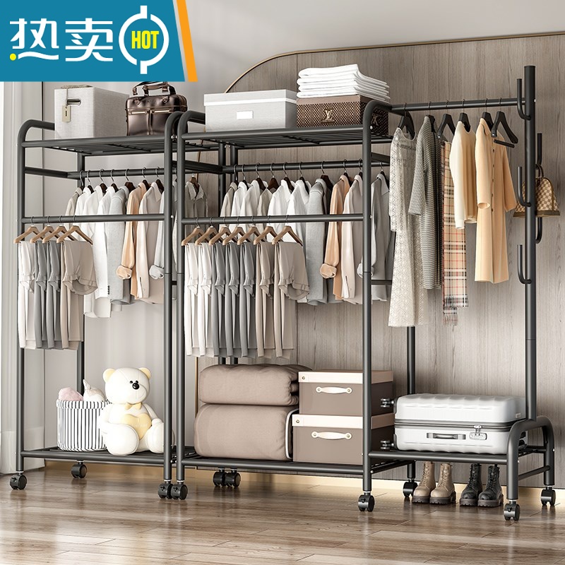 敬平多功能晾衣架落地家用卧室简易折叠晒衣服室内置物挂衣架凉衣杆子 热卖?110cm-三杆带顶+挂包区+置物区+三合一-白高清大图