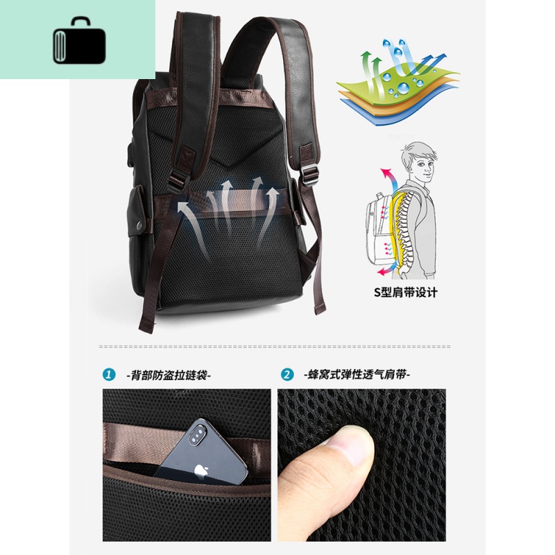 双肩包男皮韩版背包时尚潮流初中大学生书包简约休闲电脑旅行大包NEW LAKE 经典款黑色6077高清大图