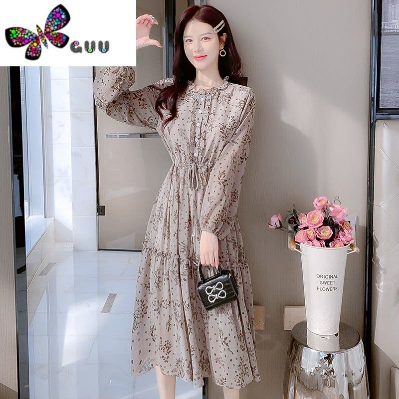语娄茶歇法式显瘦连衣裙女2023新款高级感气质长袖雪纺碎花裙子图片