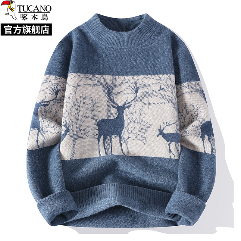 啄木鸟2024秋冬季新款半高领加绒加厚雪貂毛衣针织衫男士毛线衣服