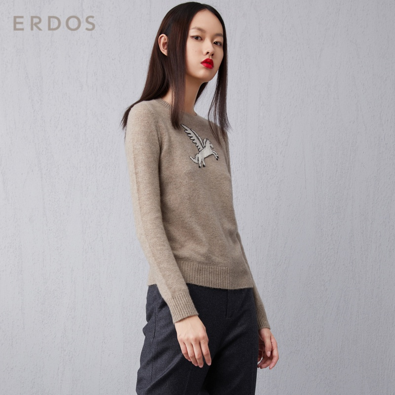 ERDOS 圆领动物图案女羊绒针织衫保暖舒适纯山羊绒
