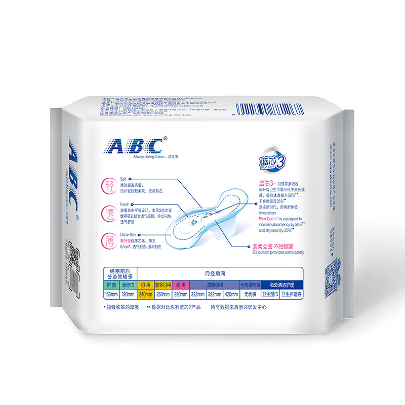 ABC亲柔立围日用超级薄棉柔排湿表层卫生巾240mm8片高清大图