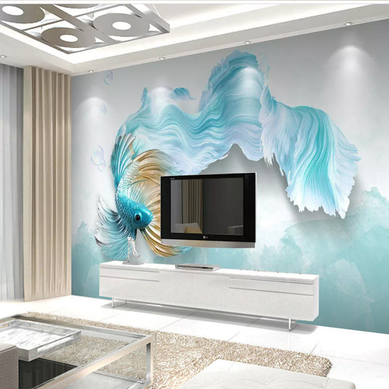 电视背景墙壁纸新中式简约现代客厅壁画抽象蓝墙纸孔雀鱼电视墙布
