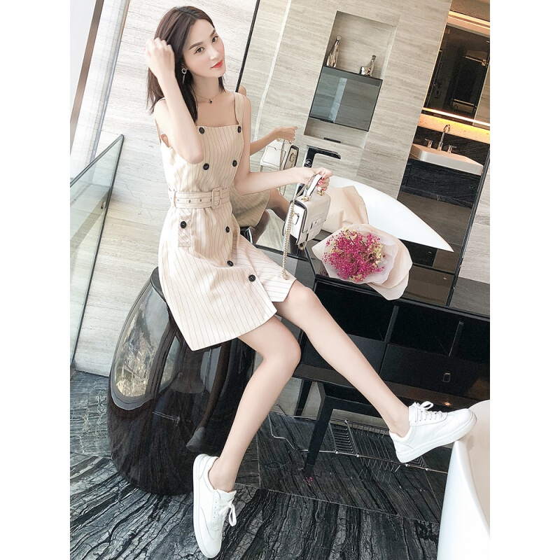 带裙女夏学生韩版小清新外穿裙子2018夏季新款小个子高腰连衣裙图片色