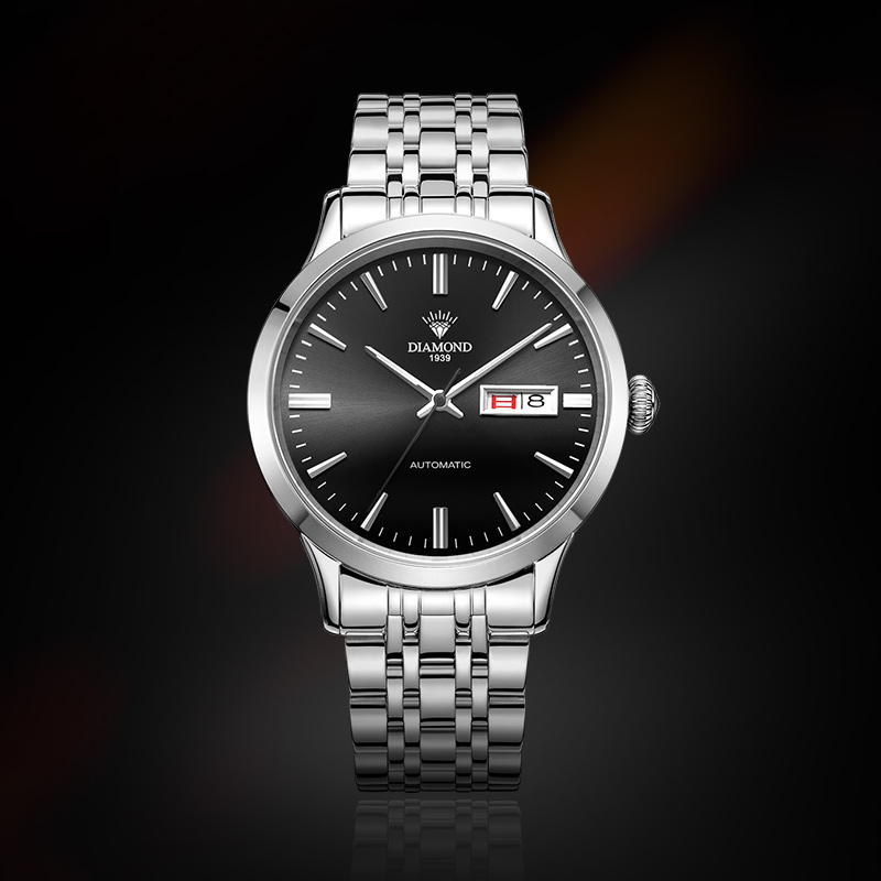 上海钻石牌（DIAMOND)手表机械表男表全自动大表盘日历精钢8030男士机械表DA-8030G钻石手表黑面白钢高清大图