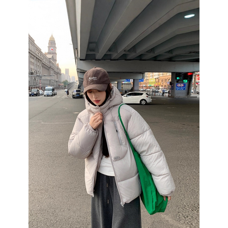 年双拉连帽立体短款棉服冬季情侣款新款宽松椰白色保暖外套