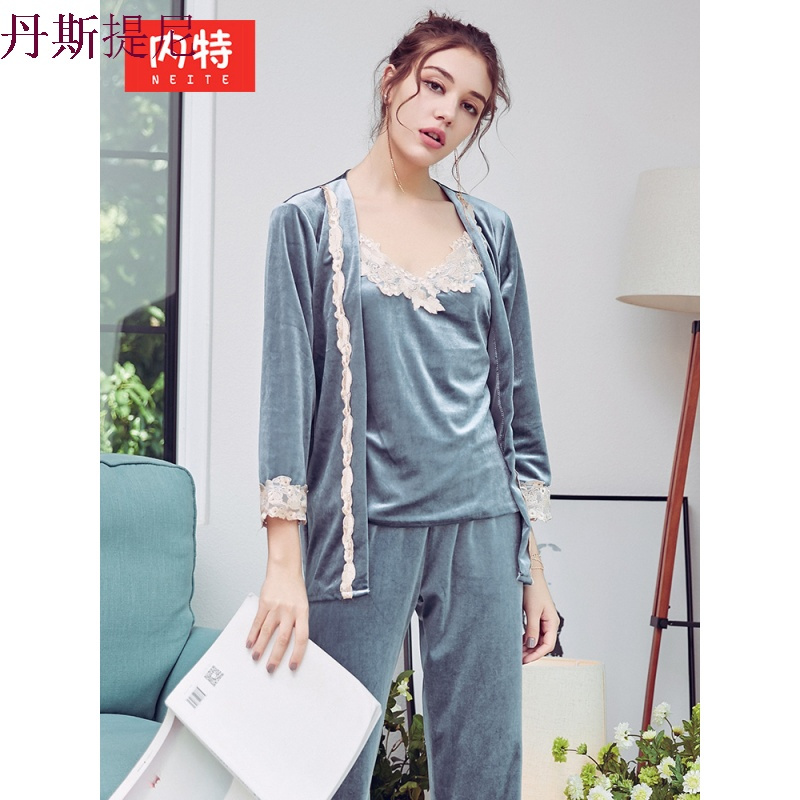 睡衣女秋冬季金丝绒三件套性感带睡袍套装长袖休闲可外穿家居服