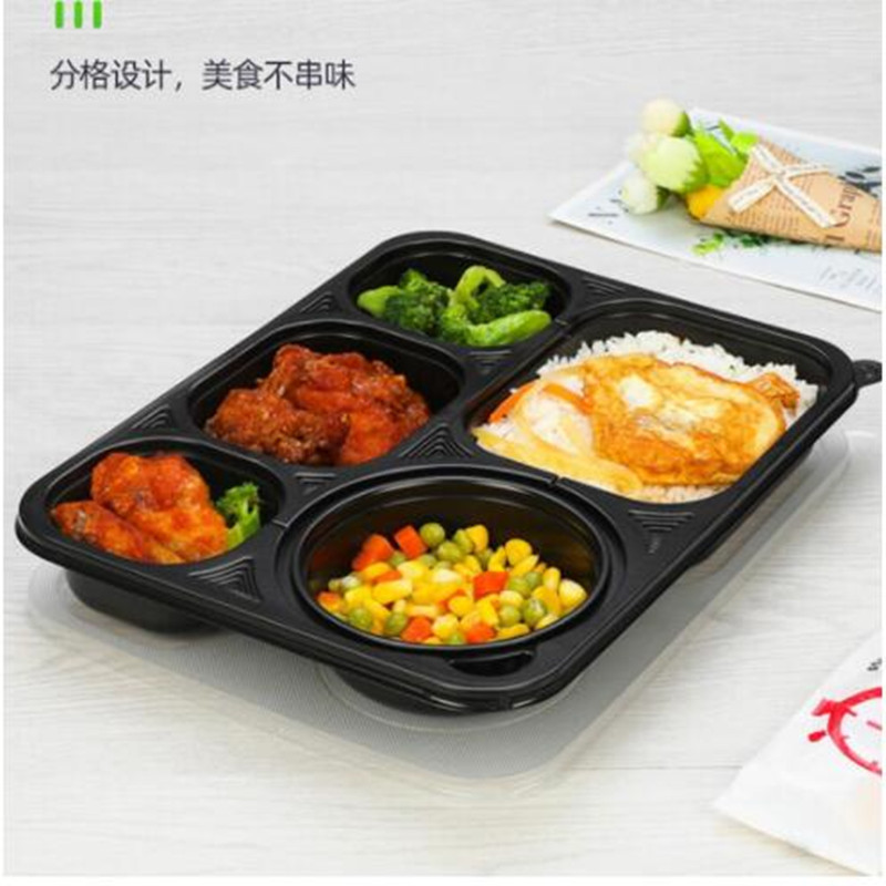 丰甲一次性黑底透明盖快餐饭盒ZR-335长方形五格加厚塑料带盖碗200只装