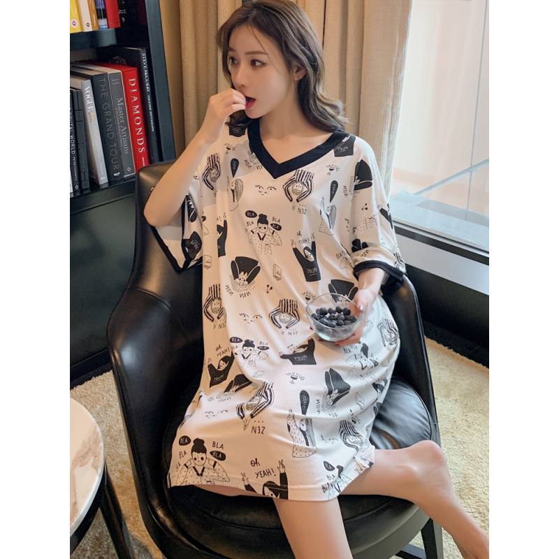 YUNWUXIN莫代尔睡裙中袖宽松加大码性感女夏薄款孕妇连衣裙胖MM家居服睡衣睡衣