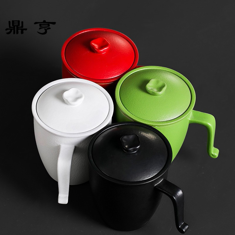 鼎亨过滤茶杯粗陶瓷带盖杯办公室会议简约水杯茶滤茶水分离黑陶