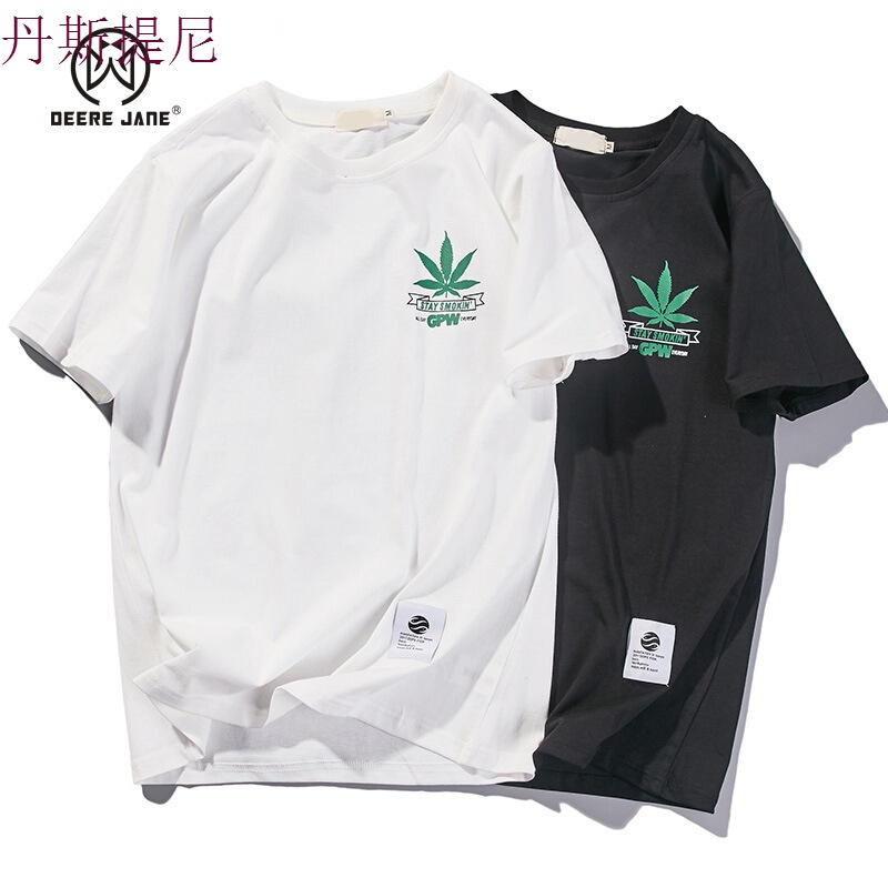 DeereJane夏季新款2018半袖T恤男枫叶图案印花体恤男生潮流短袖