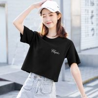 95%棉短款t恤女上衣宽松新款小个子百搭显瘦高腰露脐装短袖女短版 黑色 艺术小排字母 S