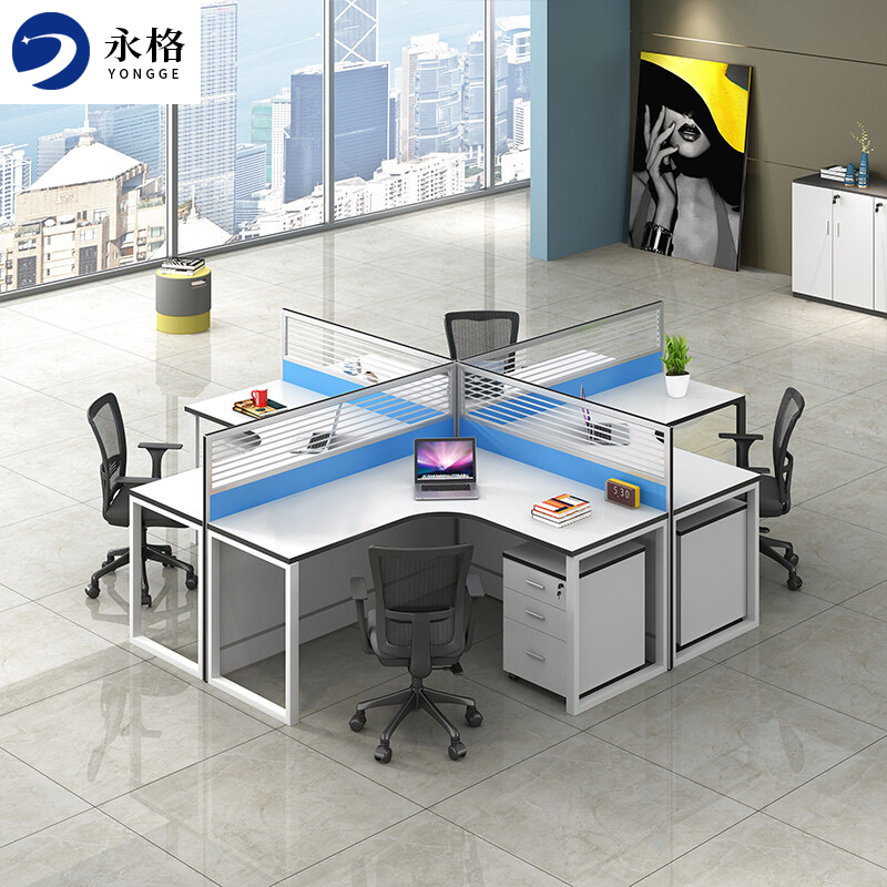 永格办公桌职员屏风办公桌员工桌工作位现代简约蓝天之镜系列-十字型四人位高清大图