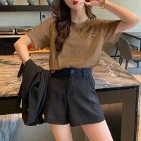 [1.5折价33元]唐狮女圆领左胸硅胶图案净色短袖T恤简约百搭气质显瘦时尚潮