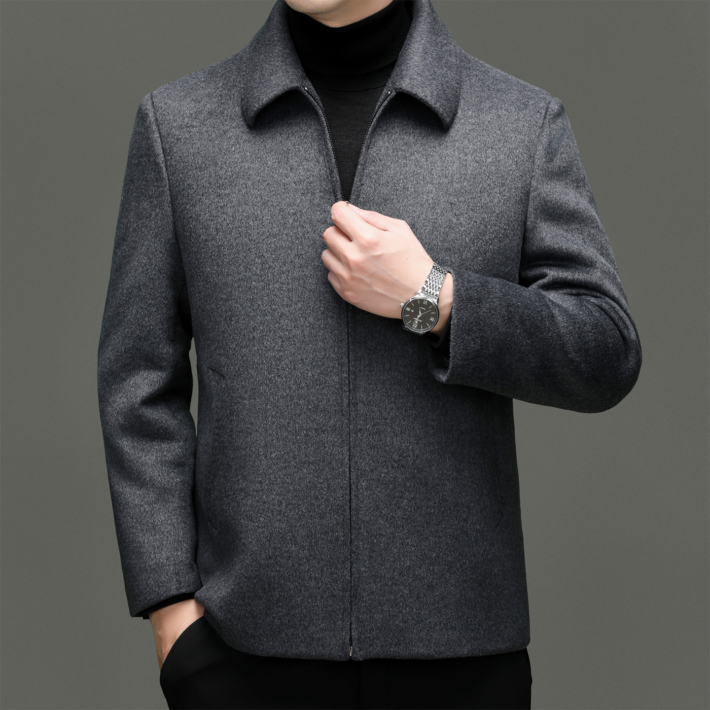 爸爸毛呢羽绒服男士2025新款冬季加厚短款中老年人羊毛呢大衣冬装外套毛呢大衣男中长款冬季爸爸装羊毛呢子外套保暖鸭绒羽绒服高清大图