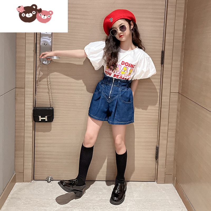 绿彩虹光女童网红套装夏装2022新款中大童洋气短袖儿童装小女孩时髦两件套