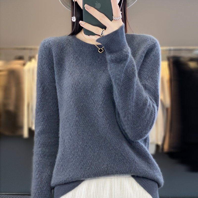 雪米贝奴秋冬季圆领菱形100%羊毛衫女羊绒衫毛衣针织打底衫套头百搭潮
